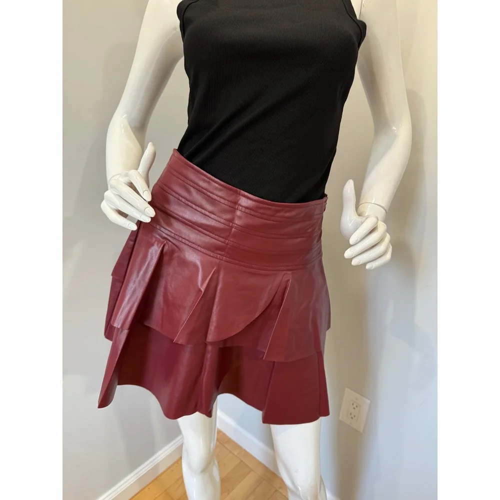 Commense Burgundy Faux Leather Skirt Ruffle Mini High Waist‎ Party Cocktail S